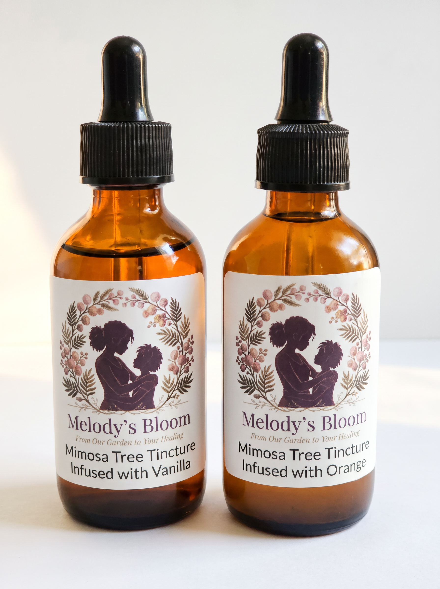 Melody's Bloom Mimosa Tree Tincture — Vanilla and Orange flavors in amber dropper bottles
